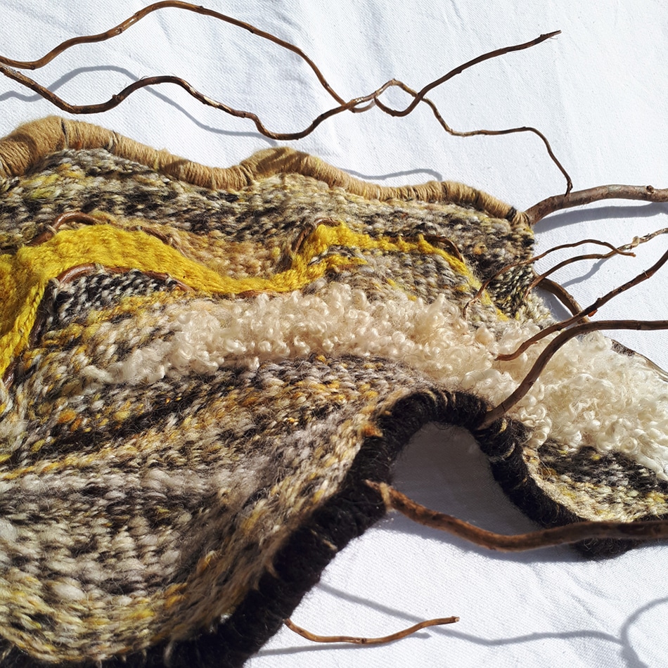 ‘Flow’ textile art piece, hand-spun wool woven onto willow wood