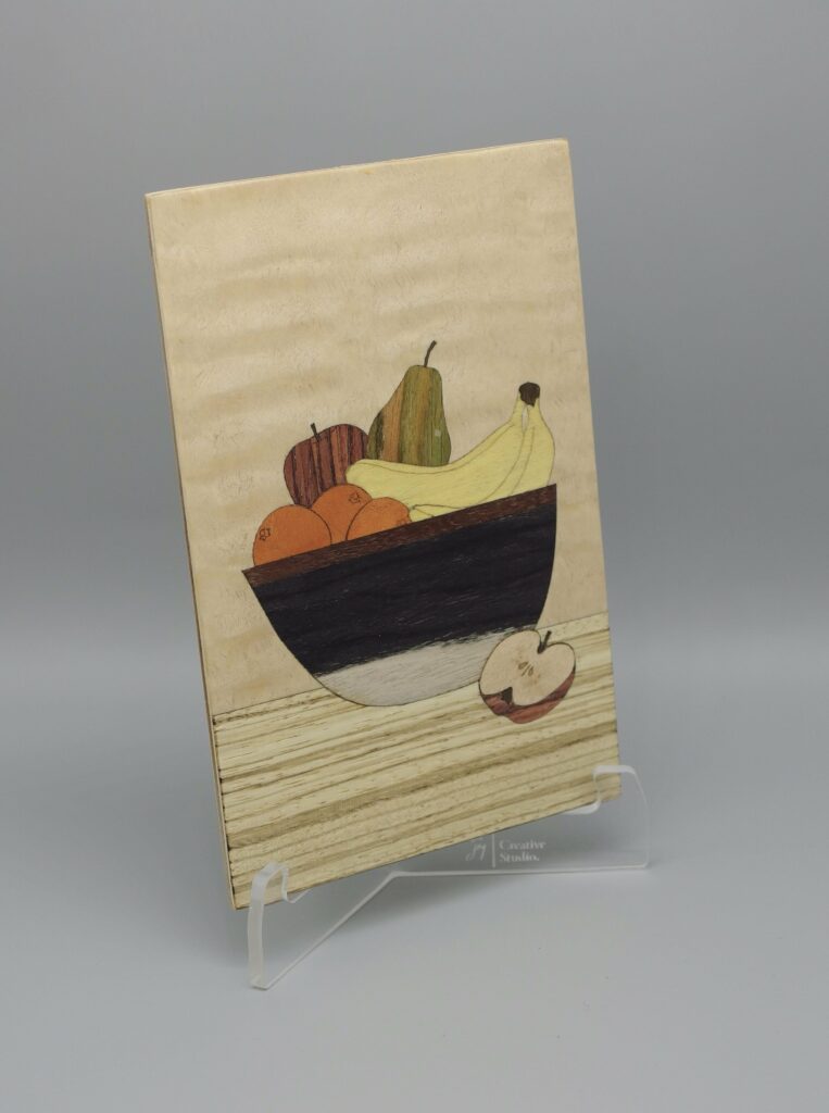 Laser cut marquetry panel (fruit bowl)
