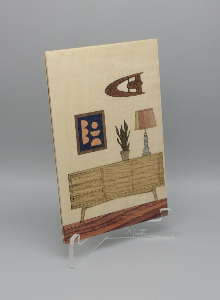 Laser cut marquetry panel (Mid century house)