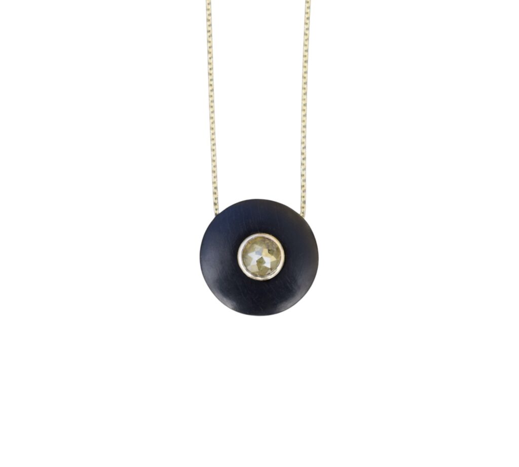 Black Horn Pendant with Recycled 9ct Yellow Gold and Natural Green Diamond