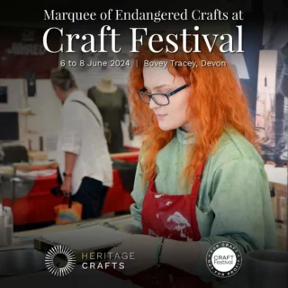 Join us from Friday 6 to Sunday 8 June at our Marquee of Endangered Crafts at @craftfestival in Bovey Tracey, where we’ll be featuring demonstrations of crafts featured on the Red List of Endangered Crafts and an exciting talks programme.

Demonstrations:
• Zee Collis @collis4801 and Becca Edwards (@tworiverspaper) – paper making
• Kate Doig @firewolfglass – stained glass
• Dave French @willowcrabpots – withy pot making
• @ionahallsilversmith – silver box making
• @aaronvalentinestephens – fairground signwriting
• Lucy Towle @braidedgrain – corn dolly making
• @johnwilliamson.dartmoor – stave basketmaking

Talks: (subject to change)

Friday:
• 10.30am – Elizabeth Jarvis @bramblecarpentry interviews Katy Warriner @warriner.leather (leatherworker)
• 11.30pm – Iona Hall (silver box maker) in conversation
• 2pm – Patricia van den Akker @thedesigntrust on ‘Teaching Creative Workshops’
• 3pm – John Williamson (stave basketmaker) and Nick Hand (letterpress printer)

Saturday:
• 10.30am – Anna Rennie @artisansilversmith (maille maker)
• 11.30pm – Zee Collis (paper maker)
• 2pm – Elizabeth Jarvis interviews @johnayrtoncrossley (woodworker)
• 3pm – @suzybennett.photography on ‘Dartmoor Artisans’ @dartmoor.artisans

Sunday:
• 10.30am – Elizabeth Jarvis interviews Mary Lewis @maryeluned_craft, Head of Craft Sustainability
• 11.30pm – Sarah Vigars @sarahvigarsart (marionette maker) – talk and performance