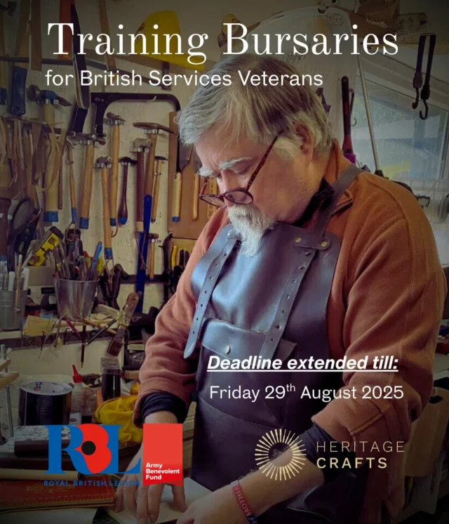 Update! We have an extension for British military veterans and former personnel in our current round of training bursaries.

The new deadline is: Friday 29th August at 5pm. 

Apply for up to £4,000 to start training in a heritage craft or to further develop your skills.

This bursary opportunity is targeted at British military veterans to develop new and rewarding civilian careers in heritage crafts. It is funded by the Army Benevolent Fund and the Royal British Legion.

The need for gainful employment utilising a range of practical skills gained through military service is well-documented, along with the mental wellbeing benefits of such employment.

Successful applicants will be asked to commit at least £500 towards the cost of their training in order to demonstrate the required level of commitment, and this will be verified with the nominated training provider.

Our training bursaries for veterans are supported by @armybenevolentfund and @royalbritishlegion Find out how to apply via the linktr.ee in our bio. 

Full information can be found here: https://www.heritagecrafts.org.uk/opportunities/training-bursaries/ 

Photo: Gareth Roberts, Bookbinder. Training Bursary Recipient 2023.